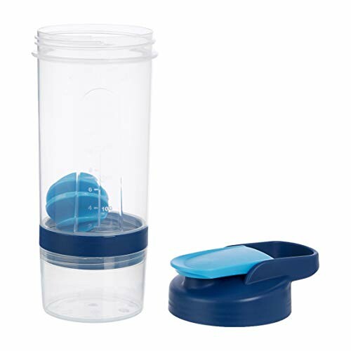 Clear shaker bottle with blue lid and mixing ball
