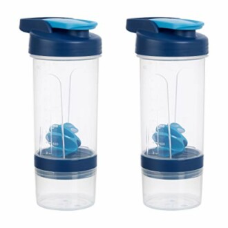 Two blue shaker bottles with mixing balls.