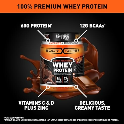 Body Fortress whey protein supplement with 60g protein, 12g BCAA's, vitamins C & D plus zinc, delicious creamy taste