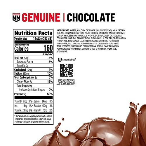 Nutrition facts and ingredients of a chocolate drink with splashing chocolate.