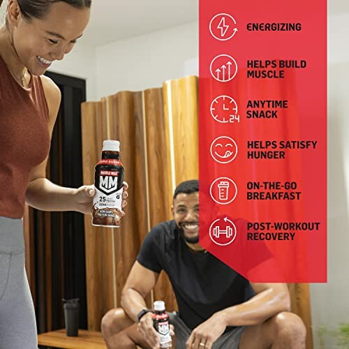 Two people with Muscle Milk bottles; benefits listed: energizing, muscle building, snack, satisfies hunger, breakfast, recovery.