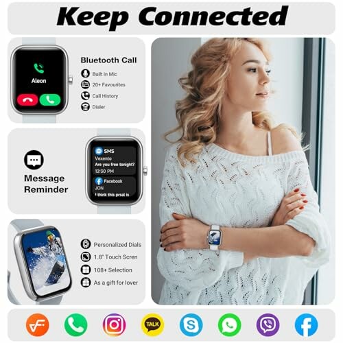 Woman wearing smartwatch with features like Bluetooth call, message reminder, and customizable dials.