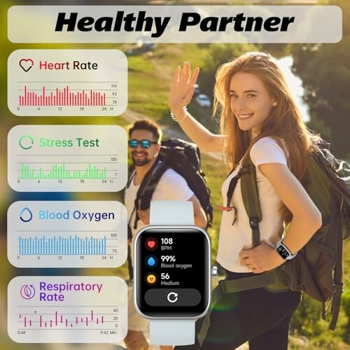 People hiking with health data displayed on a smartwatch.